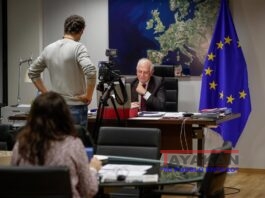 El alto representante para la Política Exterior de la Unión Europea (UE), Josep Borrell, en un momento de la entrevista por videoconferencia con la Agencia EFE. EFE/ Stephanie Lecocq