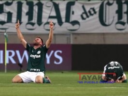Jugadores de Palmeiras celebran hoy, al final de un partido de las semifinales de la Copa Libertadores entre Palmeiras y River Plate en el estadio Allianz Parque en Sao Paulo (Brasil). EFE/Amanda Perobelli POOL