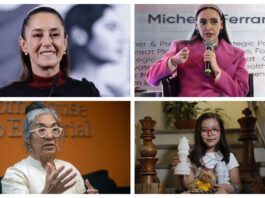 Combo de fotografías de archivo donde se muestra a la presidenta de México Claudia Sheinbaum (i, arriba), la coordinadora del Consejo Asesor Empresarial con el Gobierno de México, Altagracia Gómez (d, arriba), la escritora mexicana Cristina Rivera Garza (i, abajo) y Alondra Bagatella, niña genio campeona de ajedrez de 8 años (d, abajo), en diferentes eventos en México. EFE/Sáshenka Gutiérrez/José Méndez/Isaac Esquivel/Francisco Guasco