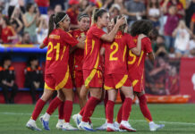 Eurocopa de Suiza Las jugadoras españolas celebran el gol del empate de Claudia Pina durante el partido amistoso ante Japón el pasado viernes 27. EFE/Borja Sánchez-Trillo