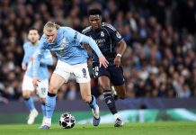 La Liga de Campeones en octavos de final Erling Haaland, del Manchester City ante Aurelien Tchouameni, del Madrid, durante el partido de vuelta de octavos de la UEFA Champions League que han jugado Manchester City y Real Madrid en Manchester, Reino Unido. EFE/EPA/ADAM VAUGHAN