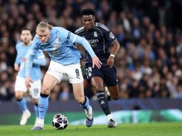La Liga de Campeones en octavos de final Erling Haaland, del Manchester City ante Aurelien Tchouameni, del Madrid, durante el partido de vuelta de octavos de la UEFA Champions League que han jugado Manchester City y Real Madrid en Manchester, Reino Unido. EFE/EPA/ADAM VAUGHAN