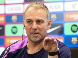 El técnico alemán del FC Barcelona, Hansi Flick, durante la rueda de prensa ofrecida hoy en las instalaciones de la Ciudad Deportiva Joan Gamper previa al entrenamiento del primer equipo de cara al partido de la Liga que jugaran mañana contra el Getafe CF EFE/ Enric Fontcuberta.