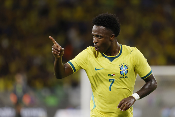 Vinicius, de Brasil, reacciona en un partido amistoso previo al Mundial 2026 entre Brasil y Panamá en el estadio Maracaná, en Río de Janeiro (Brasil). EFE/ Antonio Lacerda