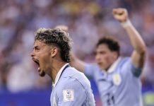 Uruguay empata con Arabia Saudita (1-1) Maximiliano Araújo celebra el gol que le dio el empate a Uruguay ante Arabia Saudí en Miami. EFE/EPA/CRISTOBAL HERRERA-ULASHKEVICH