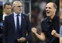 El espectáculo se repite por tercera vez Los seleccionadores Didier Deschamps (i), Luis de la Fuente (2-i), Thomas Tuchel (2-d) y Lionel Scaloni se alistan para unas semifinales que por calidad, cantidad y actualidad se perfilan como extraordinarias en la historia de los mundiales de fútbol. EFE/ Will Oliver/ Mariscal/ José Méndez/