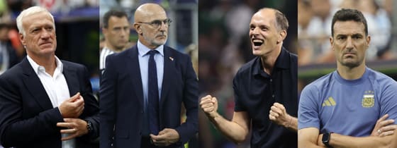 ¿Semifinales con 4 campeones? El espectáculo se repite por tercera vez Los seleccionadores Didier Deschamps (i), Luis de la Fuente (2-i), Thomas Tuchel (2-d) y Lionel Scaloni se alistan para unas semifinales que por calidad, cantidad y actualidad se perfilan como extraordinarias en la historia de los mundiales de fútbol. EFE/ Will Oliver/ Mariscal/ José Méndez/