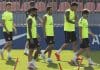 El Atlético contra el Athletic. Julián Alvarez, junto a Pubill, Cuti Romero, Koke y Castillo, en un momento del entrenamiento. EFE/Sergio Perez