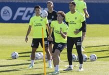 Atletico con bajas Julián Álvarez, en un ejercicio del entrenamiento. EFE/ Sergio Pérez